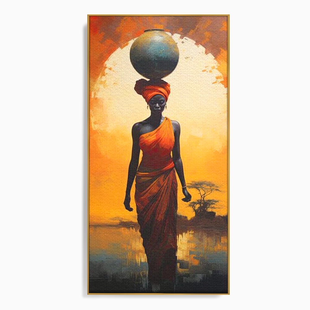 Leinwandbilder Premium LuxCanva® G1064, Unter der afrikanischen Sonne, Anmut, Stärke, Straße, Sonnenuntergang, Silhouette, Kraft, Frau, Orange, Wohnen, Schlafzimmer