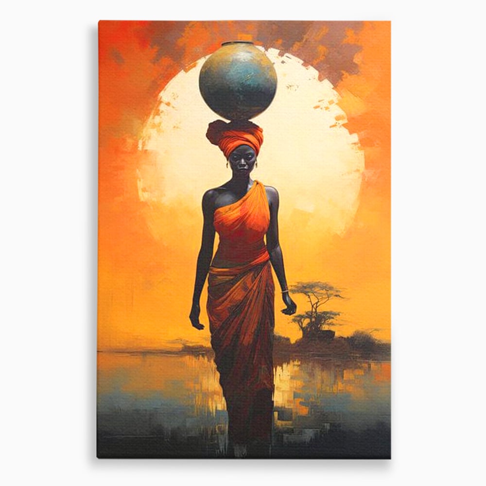 Leinwandbilder Premium LuxCanva® G1064, Unter der afrikanischen Sonne, Anmut, Stärke, Straße, Sonnenuntergang, Silhouette, Kraft, Frau, Orange, Wohnen, Schlafzimmer