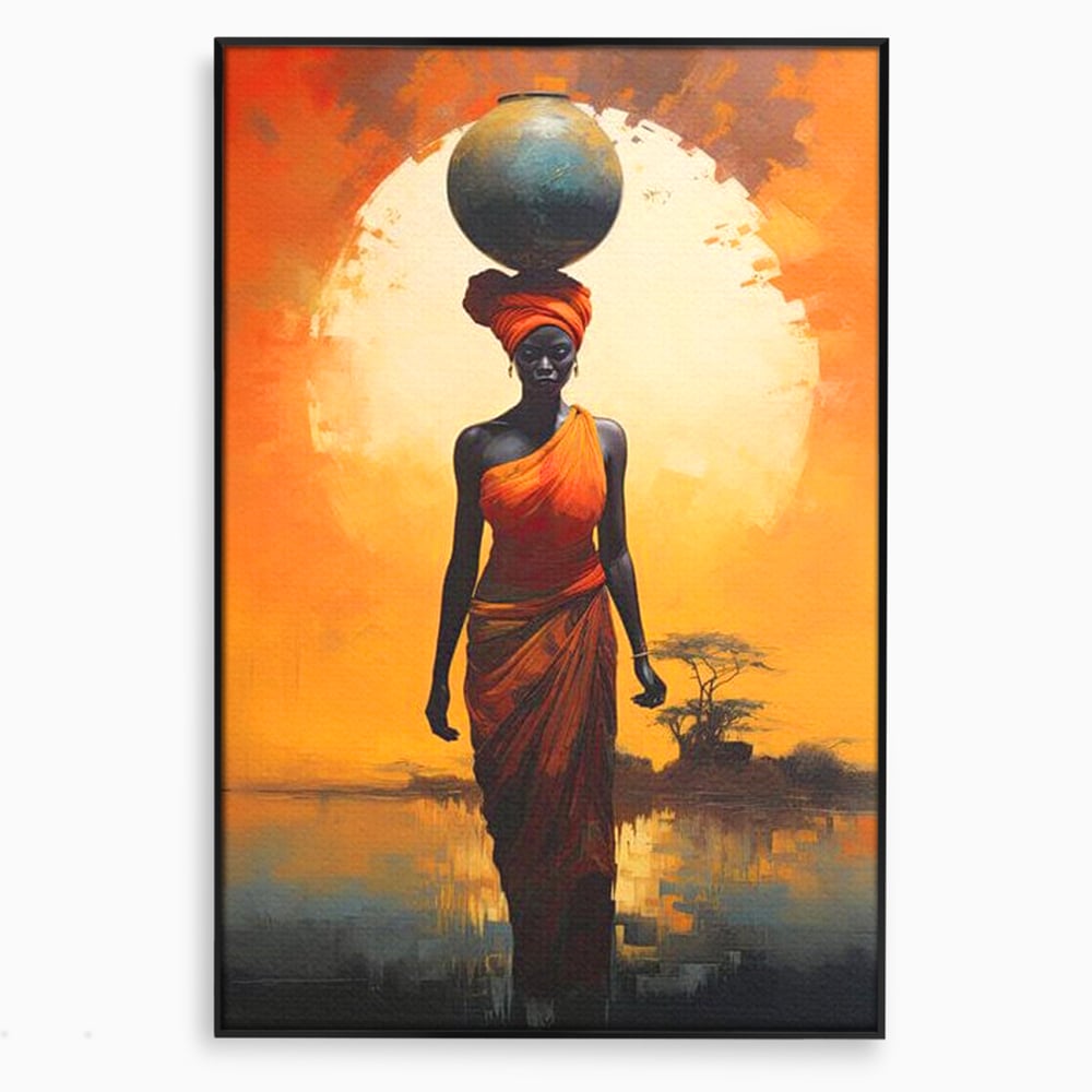 Leinwandbilder Premium LuxCanva® G1064, Unter der afrikanischen Sonne, Anmut, Stärke, Straße, Sonnenuntergang, Silhouette, Kraft, Frau, Orange, Wohnen, Schlafzimmer