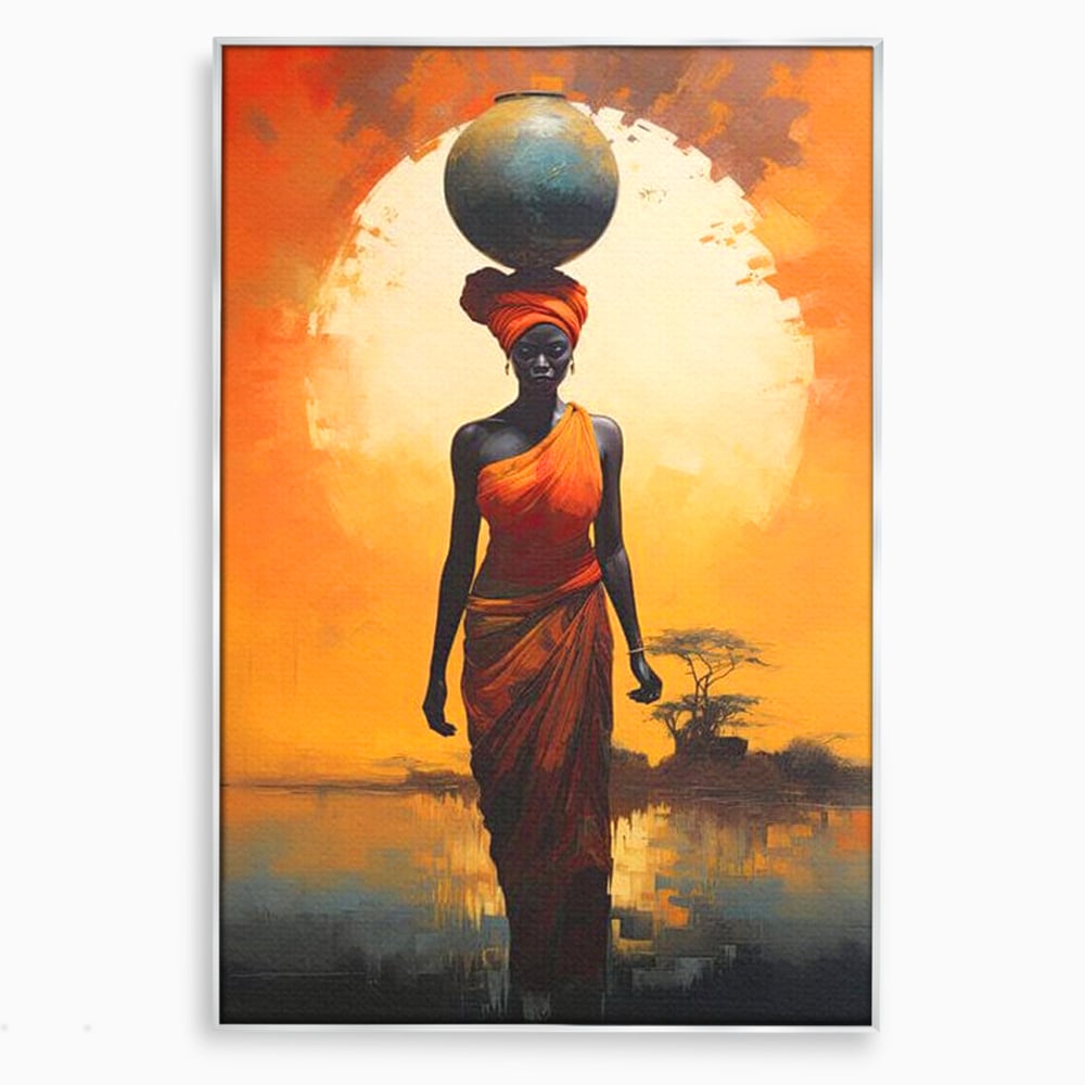Leinwandbilder Premium LuxCanva® G1064, Unter der afrikanischen Sonne, Anmut, Stärke, Straße, Sonnenuntergang, Silhouette, Kraft, Frau, Orange, Wohnen, Schlafzimmer