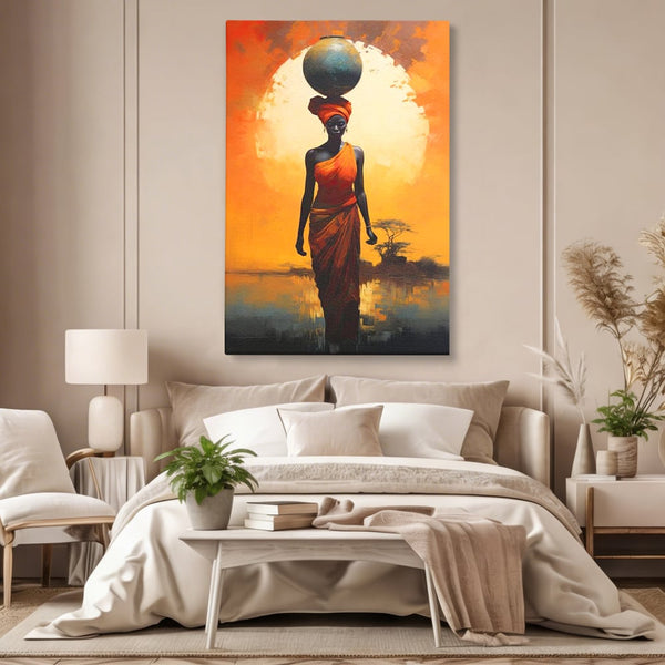 Leinwandbilder Premium LuxCanva® G1064, Unter der afrikanischen Sonne, Anmut, Stärke, Straße, Sonnenuntergang, Silhouette, Kraft, Frau, Orange, Wohnen, Schlafzimmer