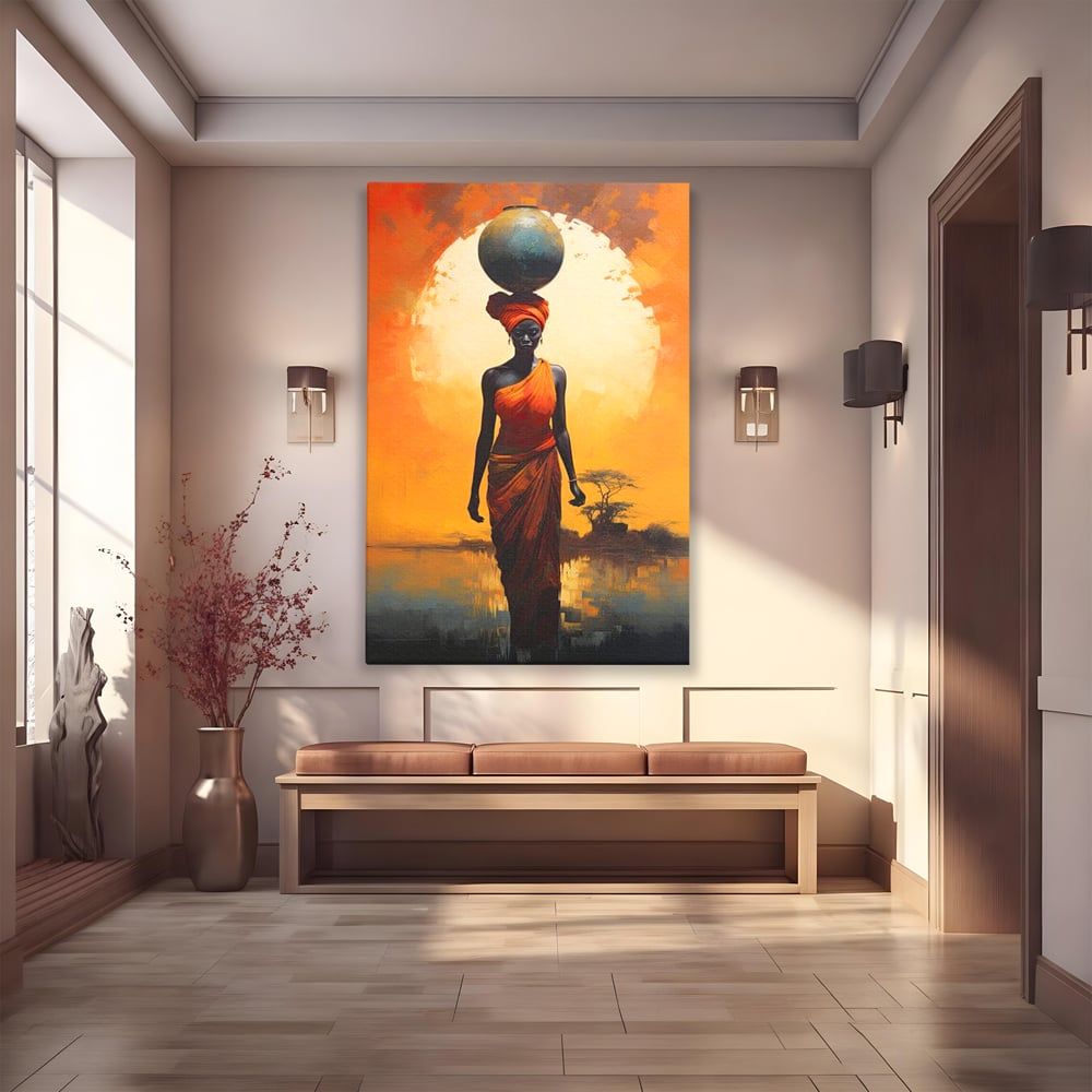 Leinwandbilder Premium LuxCanva® G1064, Unter der afrikanischen Sonne, Anmut, Stärke, Straße, Sonnenuntergang, Silhouette, Kraft, Frau, Orange, Wohnen, Schlafzimmer