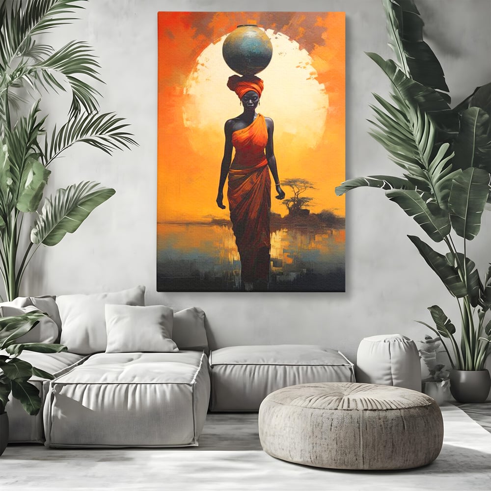 Leinwandbilder Premium LuxCanva® G1064, Unter der afrikanischen Sonne, Anmut, Stärke, Straße, Sonnenuntergang, Silhouette, Kraft, Frau, Orange, Wohnen, Schlafzimmer