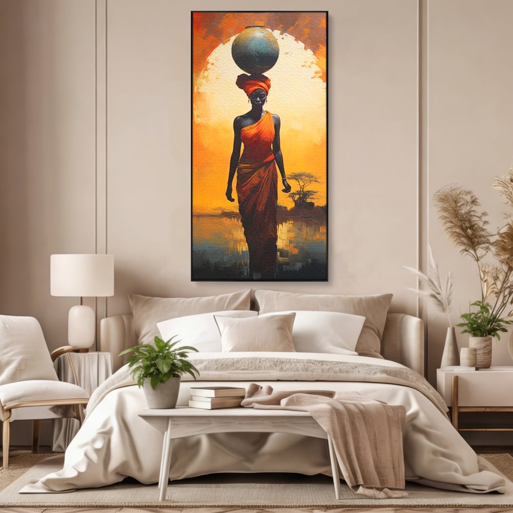 Leinwandbilder Premium LuxCanva® G1064, Unter der afrikanischen Sonne, Anmut, Stärke, Straße, Sonnenuntergang, Silhouette, Kraft, Frau, Orange, Wohnen, Schlafzimmer