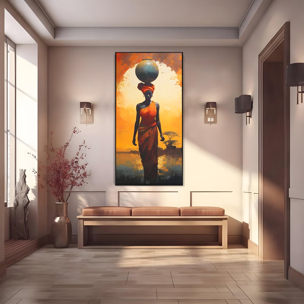 Leinwandbilder Premium LuxCanva® G1064, Unter der afrikanischen Sonne, Anmut, Stärke, Straße, Sonnenuntergang, Silhouette, Kraft, Frau, Orange, Wohnen, Schlafzimmer
