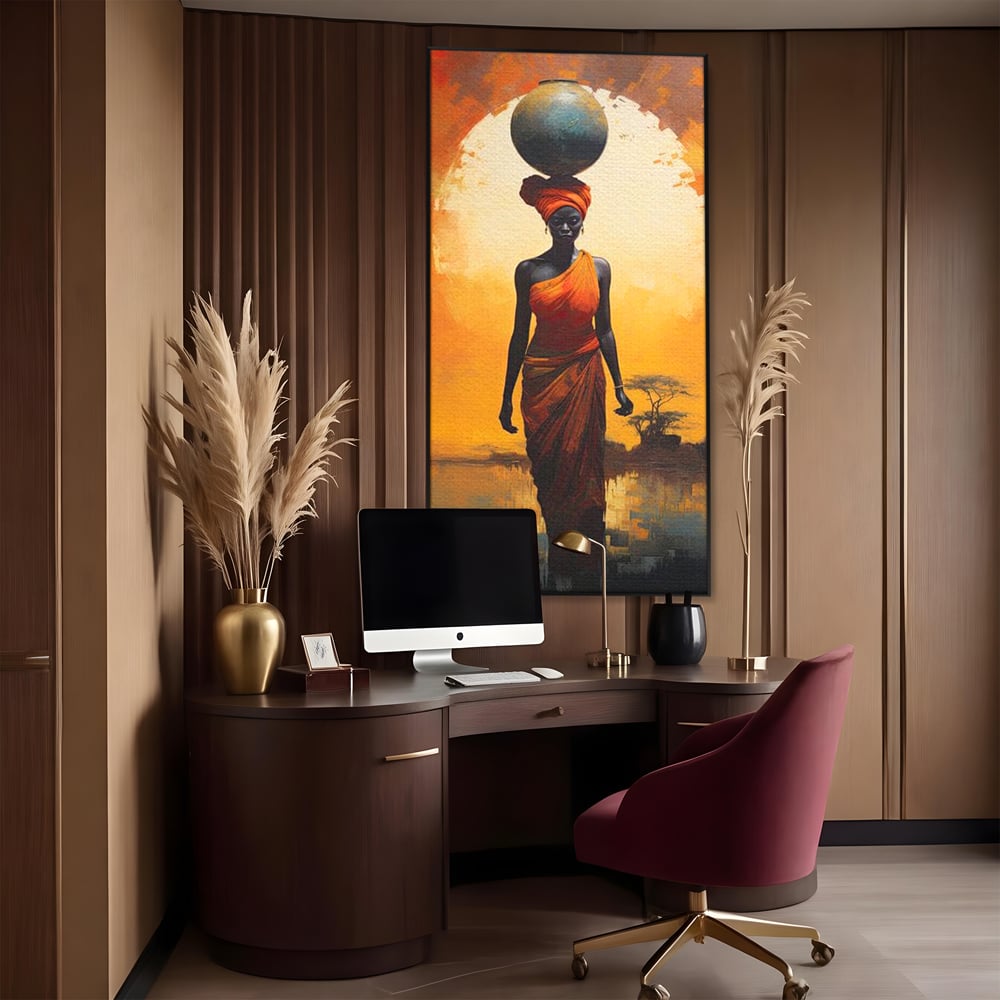 Leinwandbilder Premium LuxCanva® G1064, Unter der afrikanischen Sonne, Anmut, Stärke, Straße, Sonnenuntergang, Silhouette, Kraft, Frau, Orange, Wohnen, Schlafzimmer