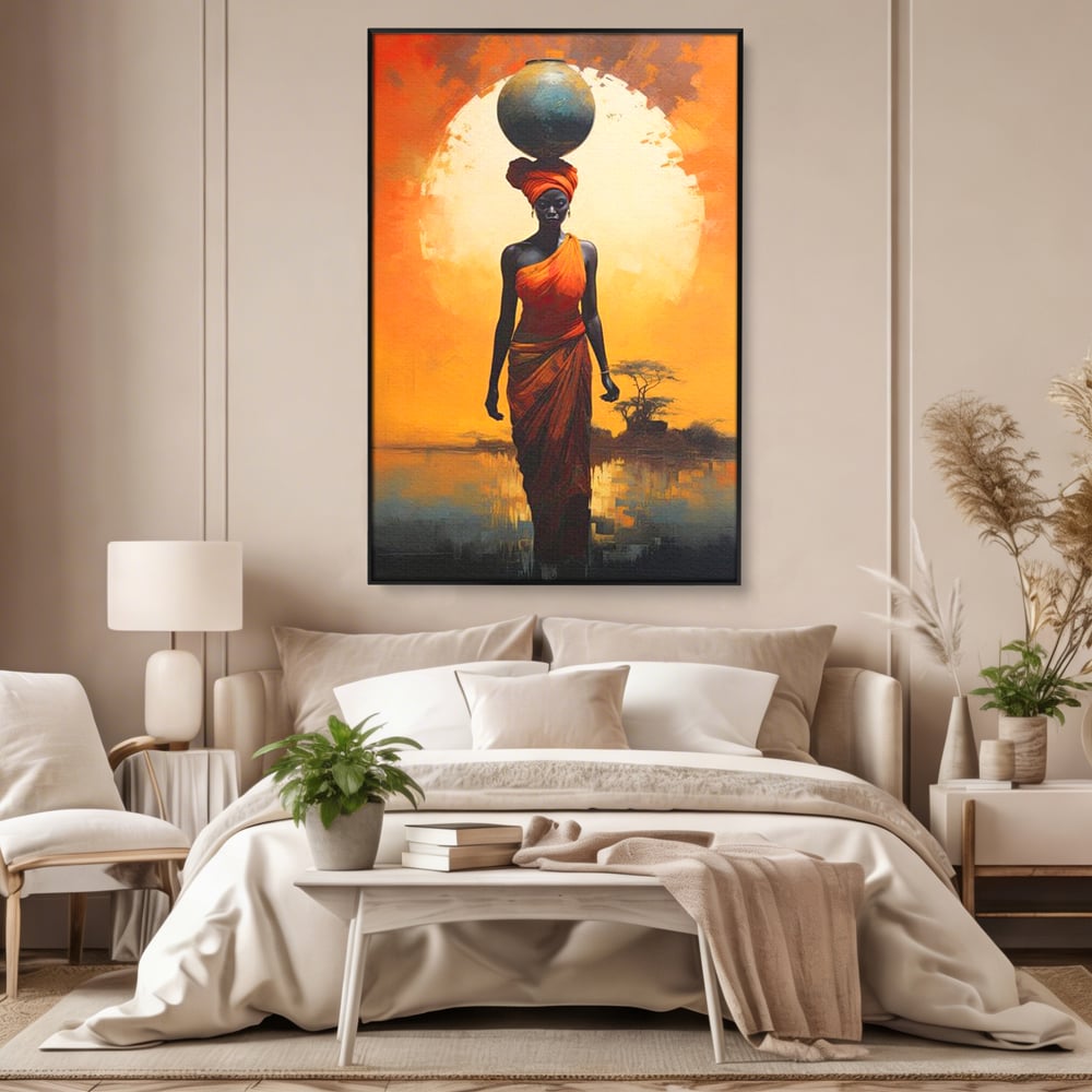 Leinwandbilder Premium LuxCanva® G1064, Unter der afrikanischen Sonne, Anmut, Stärke, Straße, Sonnenuntergang, Silhouette, Kraft, Frau, Orange, Wohnen, Schlafzimmer