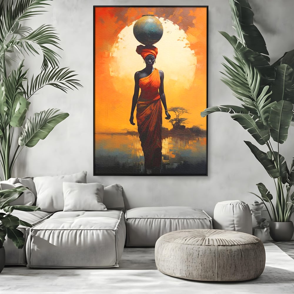 Leinwandbilder Premium LuxCanva® G1064, Unter der afrikanischen Sonne, Anmut, Stärke, Straße, Sonnenuntergang, Silhouette, Kraft, Frau, Orange, Wohnen, Schlafzimmer