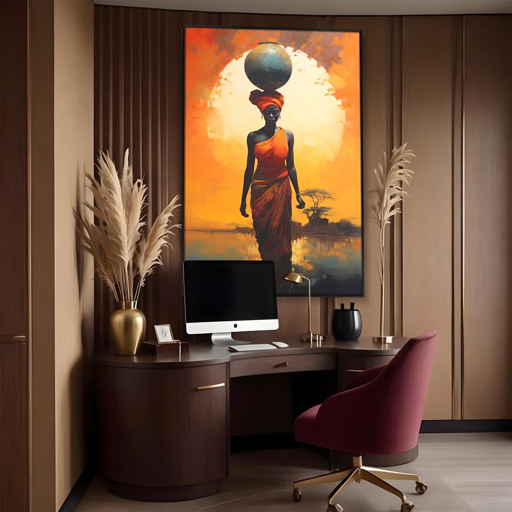 Leinwandbilder Premium LuxCanva® G1064, Unter der afrikanischen Sonne, Anmut, Stärke, Straße, Sonnenuntergang, Silhouette, Kraft, Frau, Orange, Wohnen, Schlafzimmer