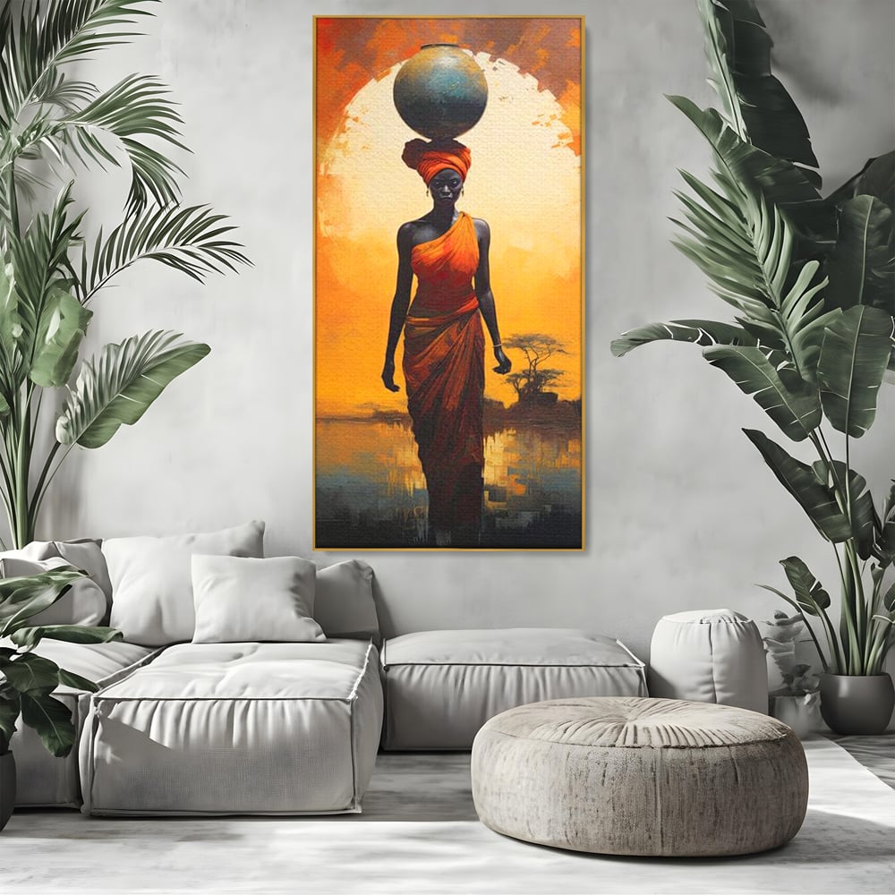 Leinwandbilder Premium LuxCanva® G1064, Unter der afrikanischen Sonne, Anmut, Stärke, Straße, Sonnenuntergang, Silhouette, Kraft, Frau, Orange, Wohnen, Schlafzimmer