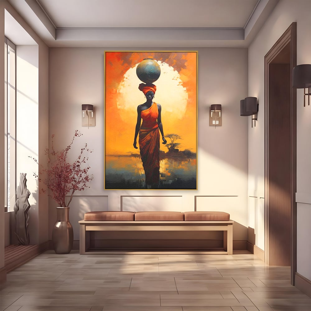 Leinwandbilder Premium LuxCanva® G1064, Unter der afrikanischen Sonne, Anmut, Stärke, Straße, Sonnenuntergang, Silhouette, Kraft, Frau, Orange, Wohnen, Schlafzimmer