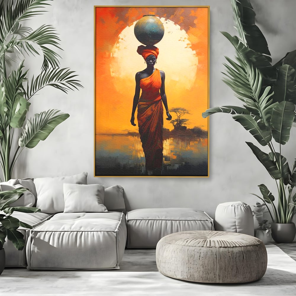 Leinwandbilder Premium LuxCanva® G1064, Unter der afrikanischen Sonne, Anmut, Stärke, Straße, Sonnenuntergang, Silhouette, Kraft, Frau, Orange, Wohnen, Schlafzimmer