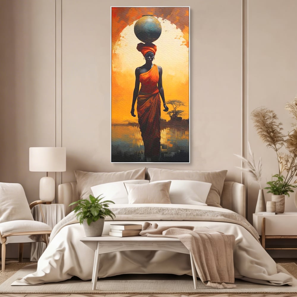 Leinwandbilder Premium LuxCanva® G1064, Unter der afrikanischen Sonne, Anmut, Stärke, Straße, Sonnenuntergang, Silhouette, Kraft, Frau, Orange, Wohnen, Schlafzimmer