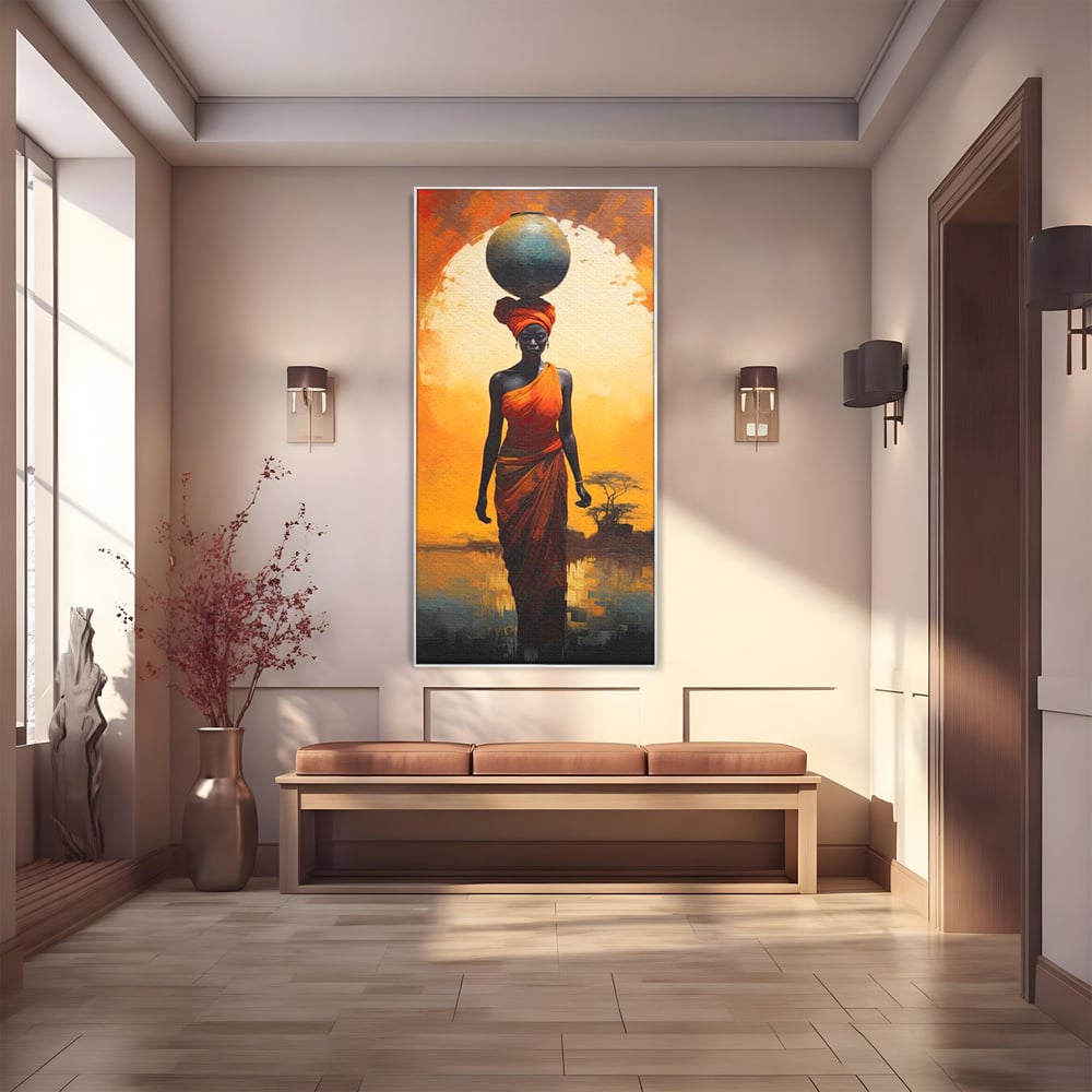 Leinwandbilder Premium LuxCanva® G1064, Unter der afrikanischen Sonne, Anmut, Stärke, Straße, Sonnenuntergang, Silhouette, Kraft, Frau, Orange, Wohnen, Schlafzimmer