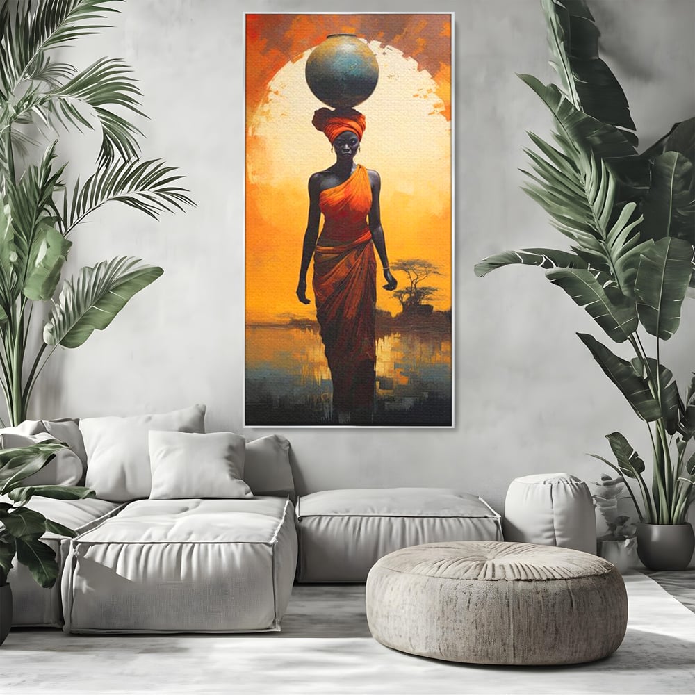 Leinwandbilder Premium LuxCanva® G1064, Unter der afrikanischen Sonne, Anmut, Stärke, Straße, Sonnenuntergang, Silhouette, Kraft, Frau, Orange, Wohnen, Schlafzimmer