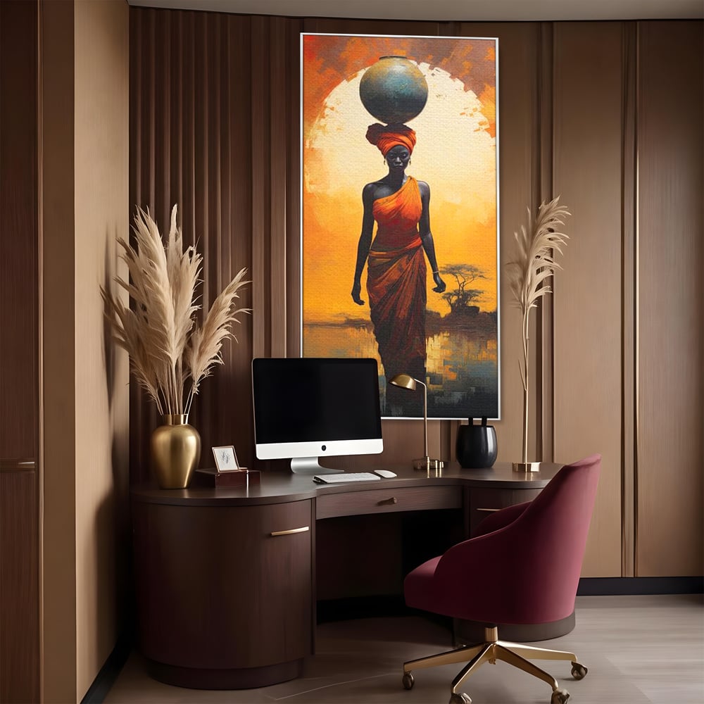 Leinwandbilder Premium LuxCanva® G1064, Unter der afrikanischen Sonne, Anmut, Stärke, Straße, Sonnenuntergang, Silhouette, Kraft, Frau, Orange, Wohnen, Schlafzimmer