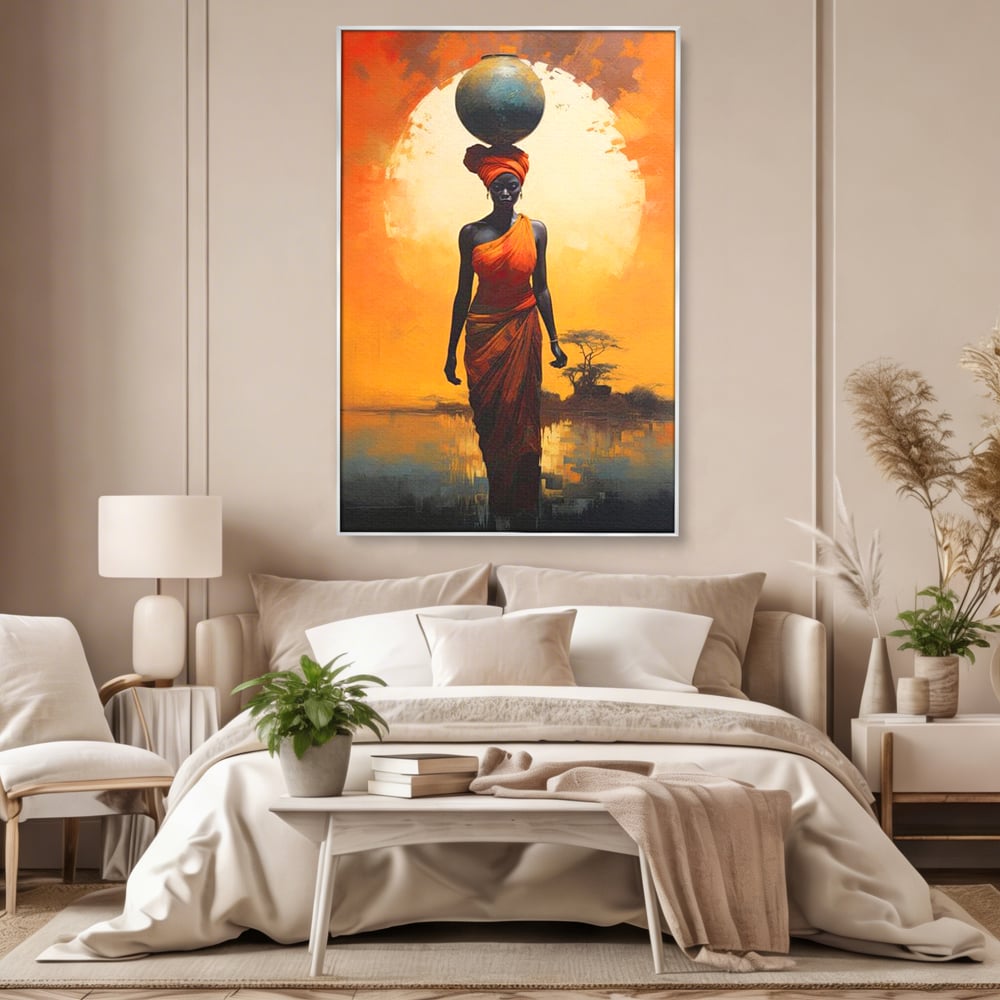 Leinwandbilder Premium LuxCanva® G1064, Unter der afrikanischen Sonne, Anmut, Stärke, Straße, Sonnenuntergang, Silhouette, Kraft, Frau, Orange, Wohnen, Schlafzimmer