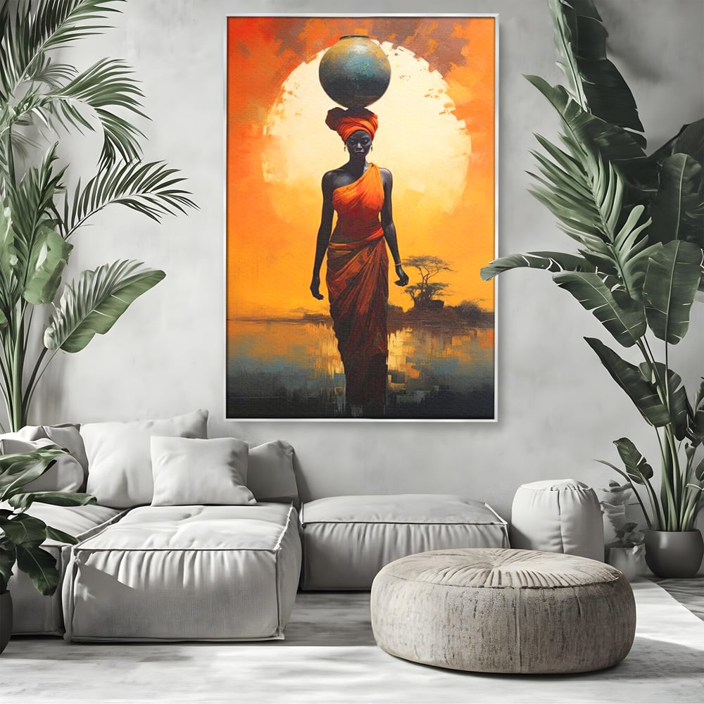 Leinwandbilder Premium LuxCanva® G1064, Unter der afrikanischen Sonne, Anmut, Stärke, Straße, Sonnenuntergang, Silhouette, Kraft, Frau, Orange, Wohnen, Schlafzimmer