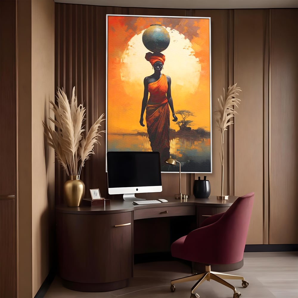 Leinwandbilder Premium LuxCanva® G1064, Unter der afrikanischen Sonne, Anmut, Stärke, Straße, Sonnenuntergang, Silhouette, Kraft, Frau, Orange, Wohnen, Schlafzimmer
