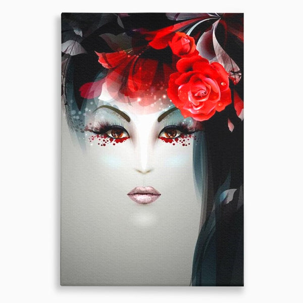 Tablou Canvas Premium LuxCanva® G1072, Taina Petalelor , Pictura, Trandafiri, Rosii, Mistic, Flori, Machiaj, Privire, Magie, Salon, Beauty, Living, Dormitor