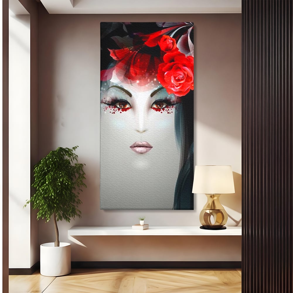 Tablou Canvas Premium LuxCanva® G1072, Taina Petalelor , Pictura, Trandafiri, Rosii, Mistic, Flori, Machiaj, Privire, Magie, Salon, Beauty, Living, Dormitor