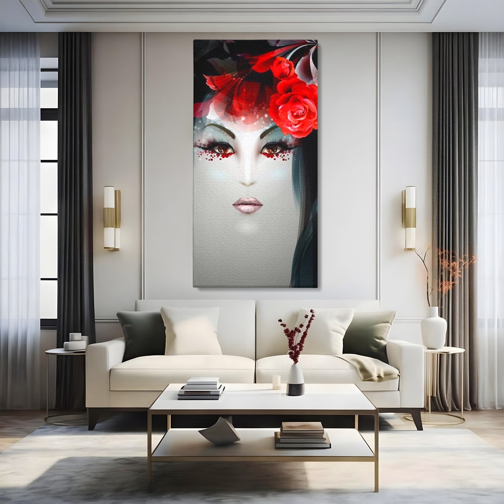 Tablou Canvas Premium LuxCanva® G1072, Taina Petalelor , Pictura, Trandafiri, Rosii, Mistic, Flori, Machiaj, Privire, Magie, Salon, Beauty, Living, Dormitor