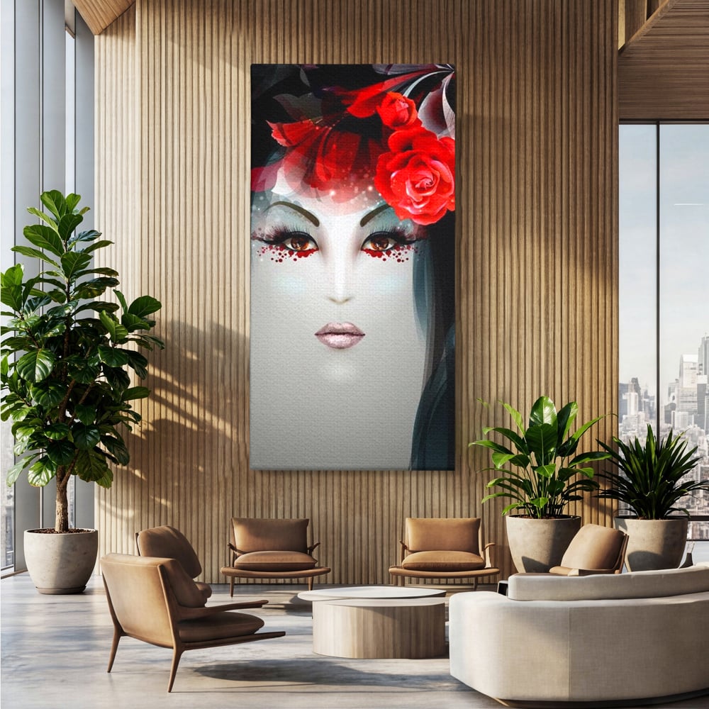 Tablou Canvas Premium LuxCanva® G1072, Taina Petalelor , Pictura, Trandafiri, Rosii, Mistic, Flori, Machiaj, Privire, Magie, Salon, Beauty, Living, Dormitor