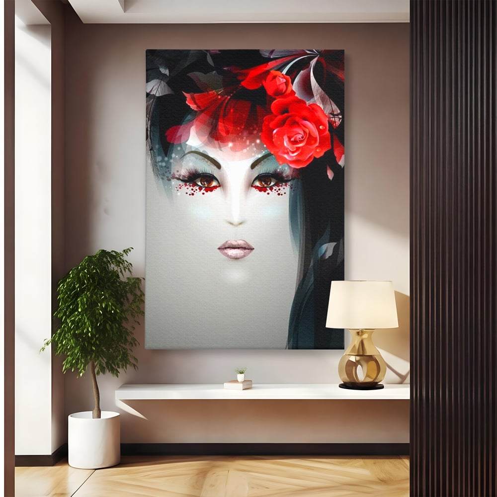 Tablou Canvas Premium LuxCanva® G1072, Taina Petalelor , Pictura, Trandafiri, Rosii, Mistic, Flori, Machiaj, Privire, Magie, Salon, Beauty, Living, Dormitor