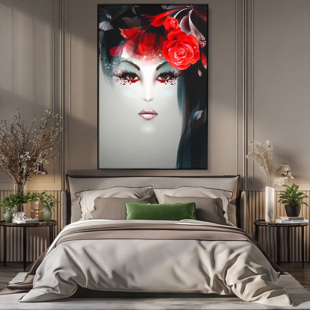 Tablou Canvas Premium LuxCanva® G1072, Taina Petalelor , Pictura, Trandafiri, Rosii, Mistic, Flori, Machiaj, Privire, Magie, Salon, Beauty, Living, Dormitor