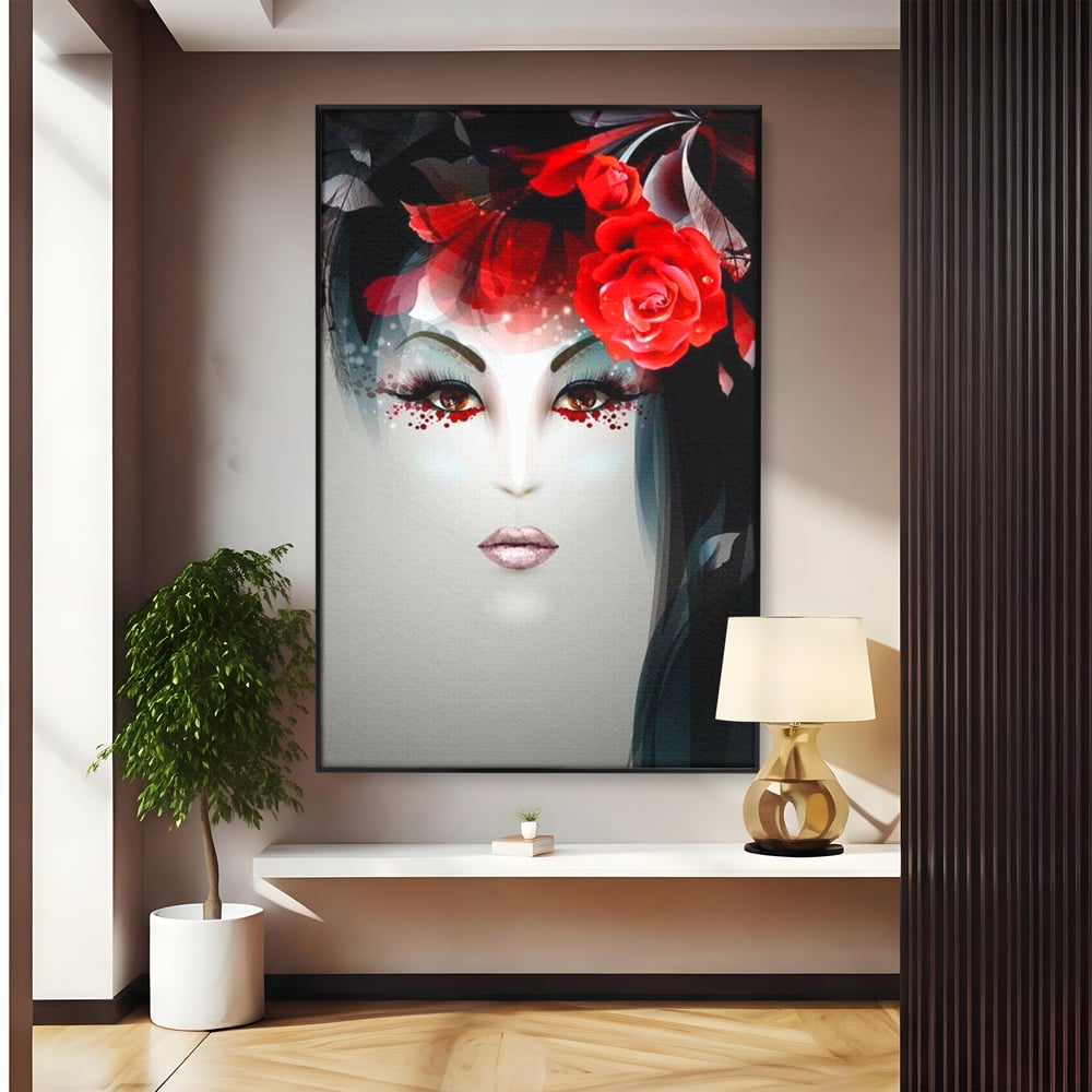 Tablou Canvas Premium LuxCanva® G1072, Taina Petalelor , Pictura, Trandafiri, Rosii, Mistic, Flori, Machiaj, Privire, Magie, Salon, Beauty, Living, Dormitor