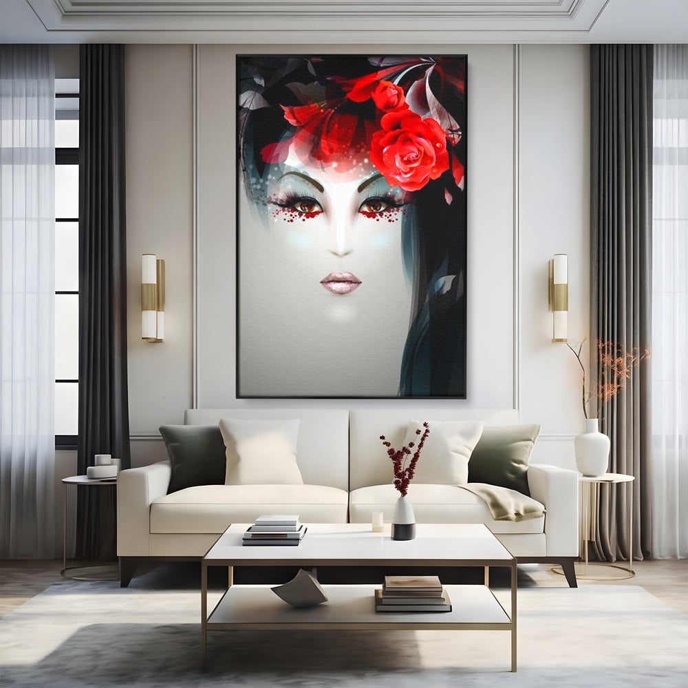 Tablou Canvas Premium LuxCanva® G1072, Taina Petalelor , Pictura, Trandafiri, Rosii, Mistic, Flori, Machiaj, Privire, Magie, Salon, Beauty, Living, Dormitor