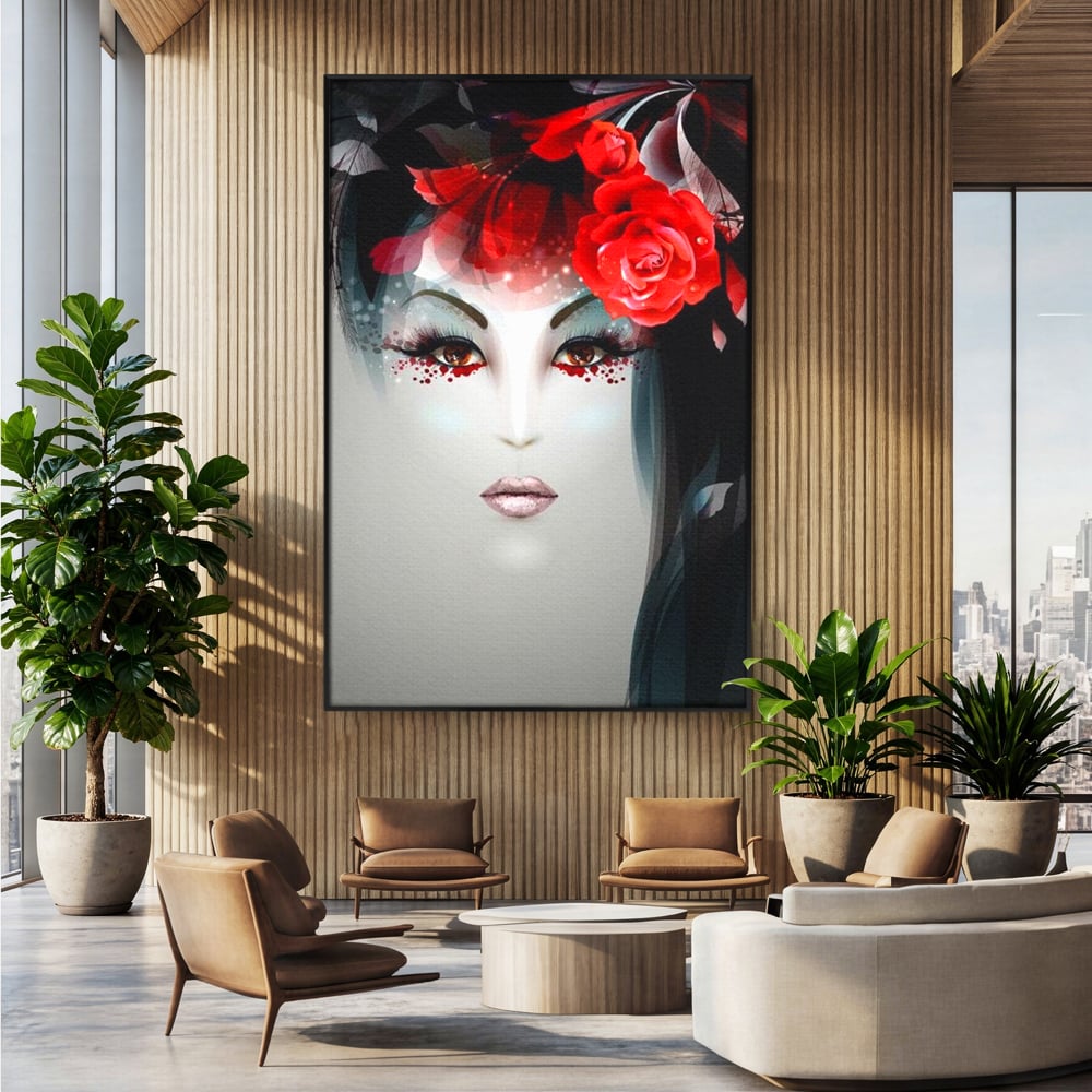 Tablou Canvas Premium LuxCanva® G1072, Taina Petalelor , Pictura, Trandafiri, Rosii, Mistic, Flori, Machiaj, Privire, Magie, Salon, Beauty, Living, Dormitor