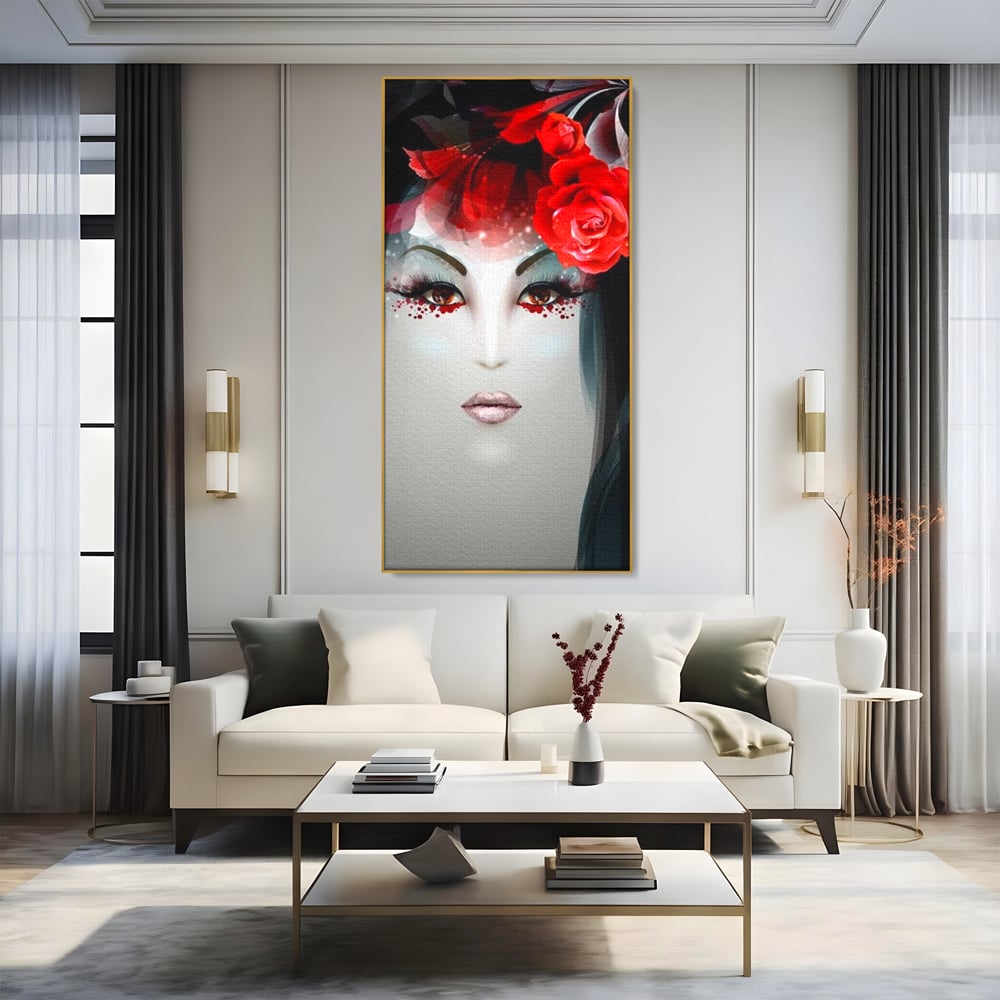 Tablou Canvas Premium LuxCanva® G1072, Taina Petalelor , Pictura, Trandafiri, Rosii, Mistic, Flori, Machiaj, Privire, Magie, Salon, Beauty, Living, Dormitor