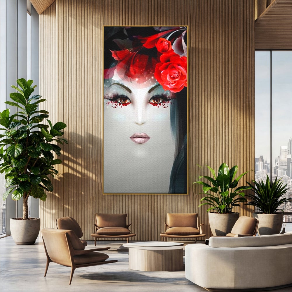 Tablou Canvas Premium LuxCanva® G1072, Taina Petalelor , Pictura, Trandafiri, Rosii, Mistic, Flori, Machiaj, Privire, Magie, Salon, Beauty, Living, Dormitor