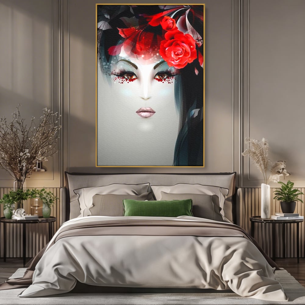 Tablou Canvas Premium LuxCanva® G1072, Taina Petalelor , Pictura, Trandafiri, Rosii, Mistic, Flori, Machiaj, Privire, Magie, Salon, Beauty, Living, Dormitor
