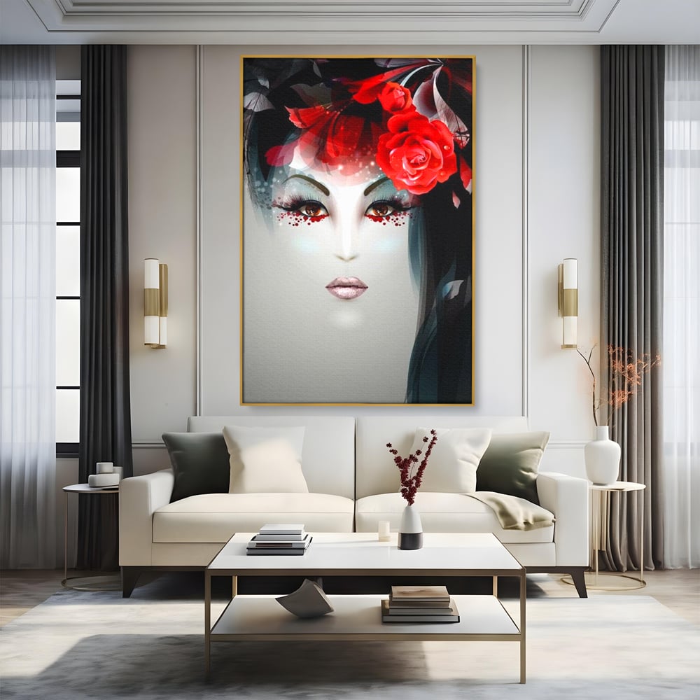 Tablou Canvas Premium LuxCanva® G1072, Taina Petalelor , Pictura, Trandafiri, Rosii, Mistic, Flori, Machiaj, Privire, Magie, Salon, Beauty, Living, Dormitor