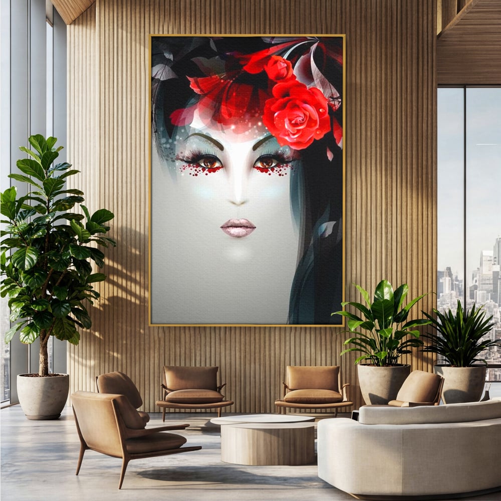 Tablou Canvas Premium LuxCanva® G1072, Taina Petalelor , Pictura, Trandafiri, Rosii, Mistic, Flori, Machiaj, Privire, Magie, Salon, Beauty, Living, Dormitor