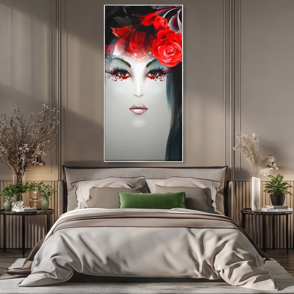 Tablou Canvas Premium LuxCanva® G1072, Taina Petalelor , Pictura, Trandafiri, Rosii, Mistic, Flori, Machiaj, Privire, Magie, Salon, Beauty, Living, Dormitor