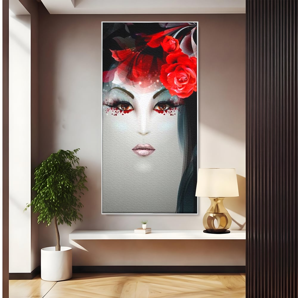 Tablou Canvas Premium LuxCanva® G1072, Taina Petalelor , Pictura, Trandafiri, Rosii, Mistic, Flori, Machiaj, Privire, Magie, Salon, Beauty, Living, Dormitor