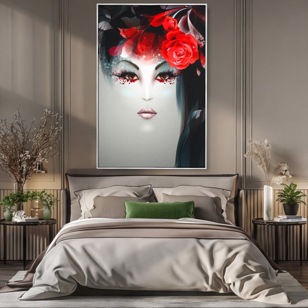 Tablou Canvas Premium LuxCanva® G1072, Taina Petalelor , Pictura, Trandafiri, Rosii, Mistic, Flori, Machiaj, Privire, Magie, Salon, Beauty, Living, Dormitor
