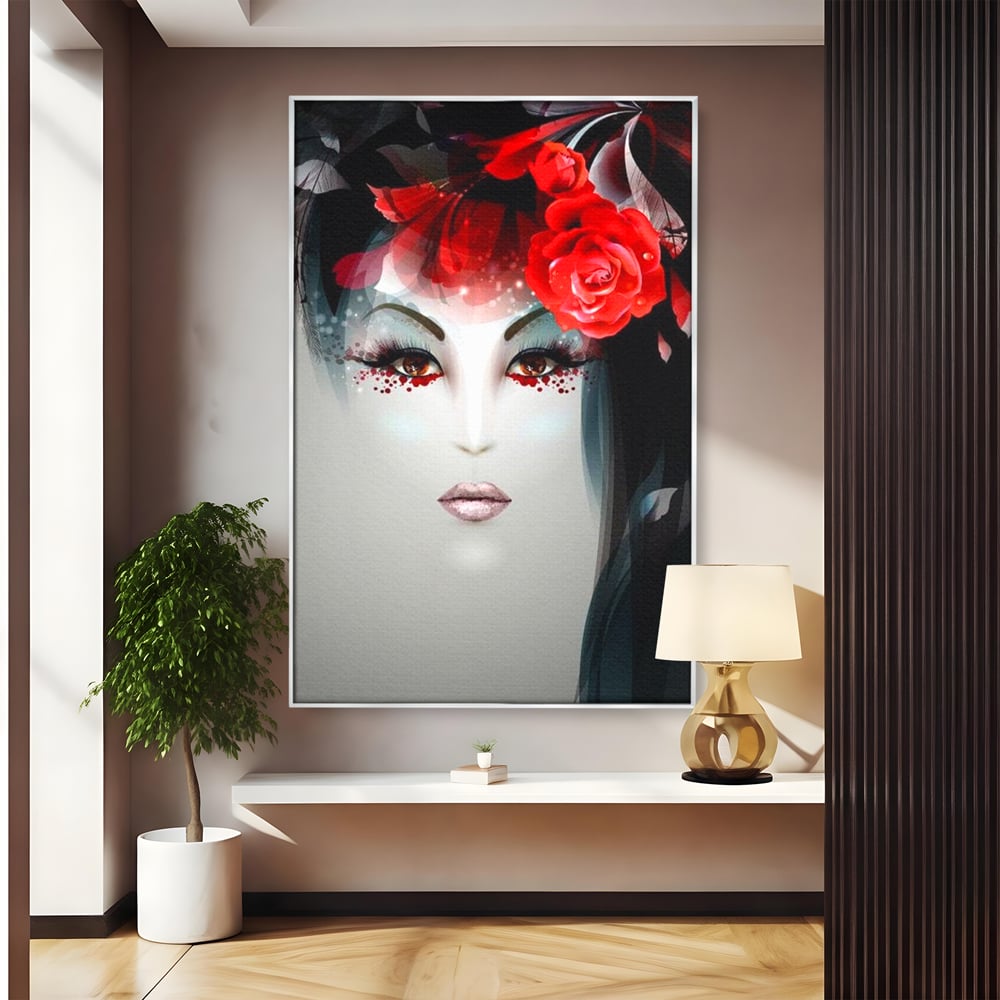 Tablou Canvas Premium LuxCanva® G1072, Taina Petalelor , Pictura, Trandafiri, Rosii, Mistic, Flori, Machiaj, Privire, Magie, Salon, Beauty, Living, Dormitor