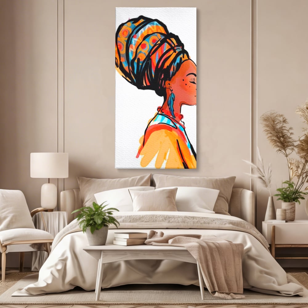 Tablou Canvas Premium, LuxCanva® G1075, Profilul Femeii Africane , Chip, Afro, Turban, Profil, Feminin, Gratie, Regalitate, Africa, Living, Dormitor