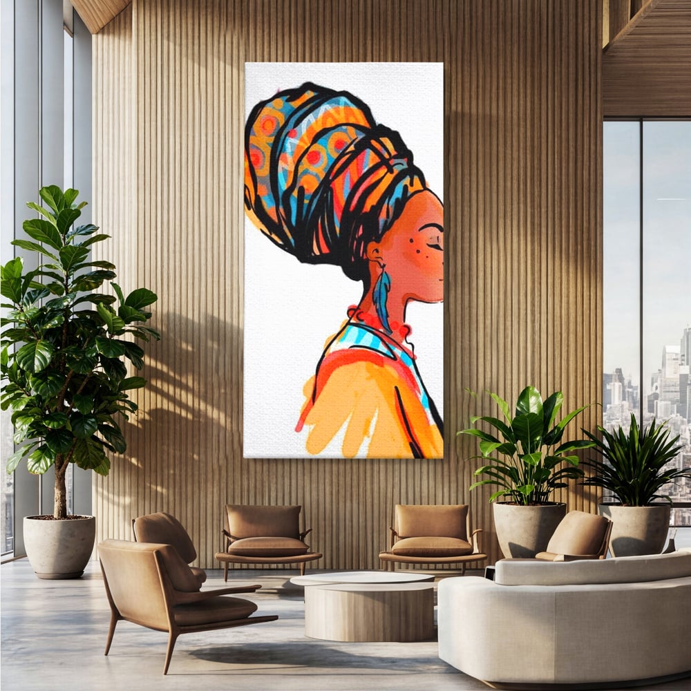 Tablou Canvas Premium, LuxCanva® G1075, Profilul Femeii Africane , Chip, Afro, Turban, Profil, Feminin, Gratie, Regalitate, Africa, Living, Dormitor