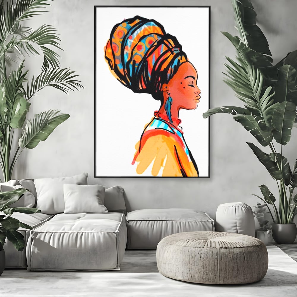 Tablou Canvas Premium, LuxCanva® G1075, Profilul Femeii Africane , Chip, Afro, Turban, Profil, Feminin, Gratie, Regalitate, Africa, Living, Dormitor