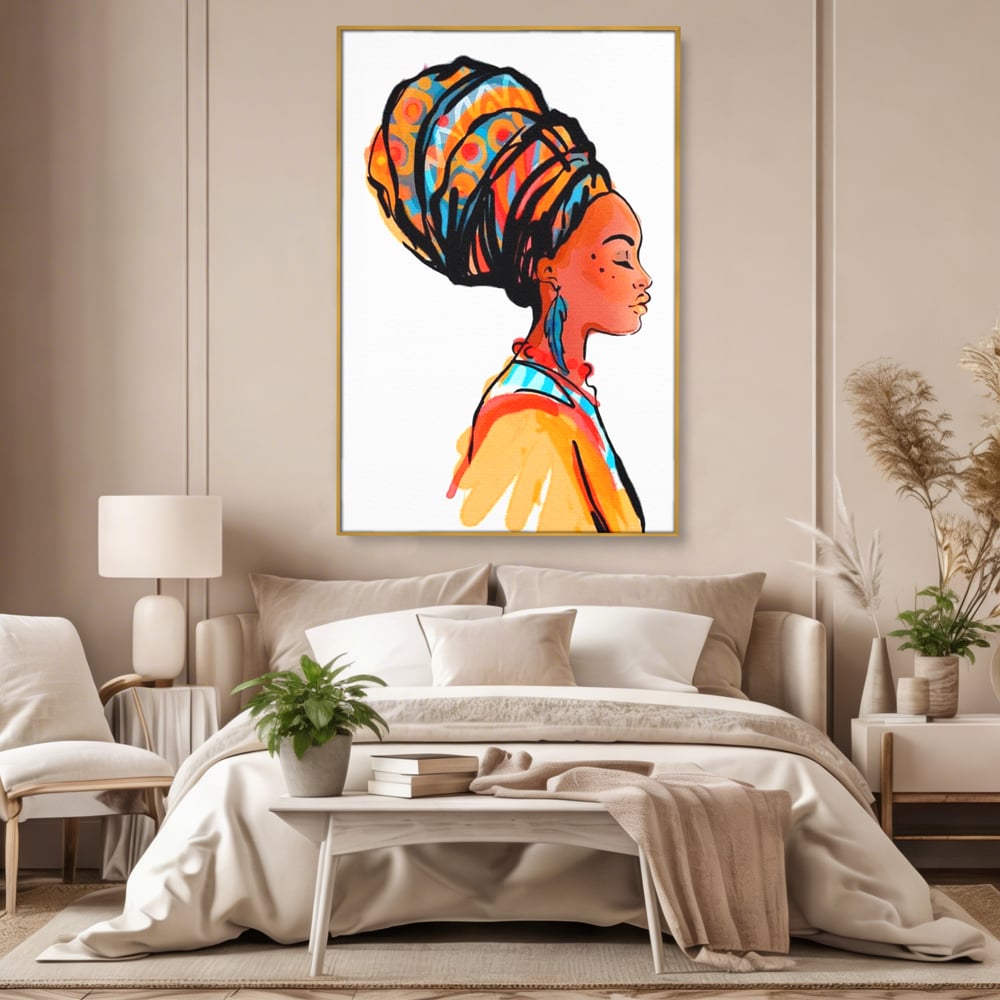 Tablou Canvas Premium, LuxCanva® G1075, Profilul Femeii Africane , Chip, Afro, Turban, Profil, Feminin, Gratie, Regalitate, Africa, Living, Dormitor