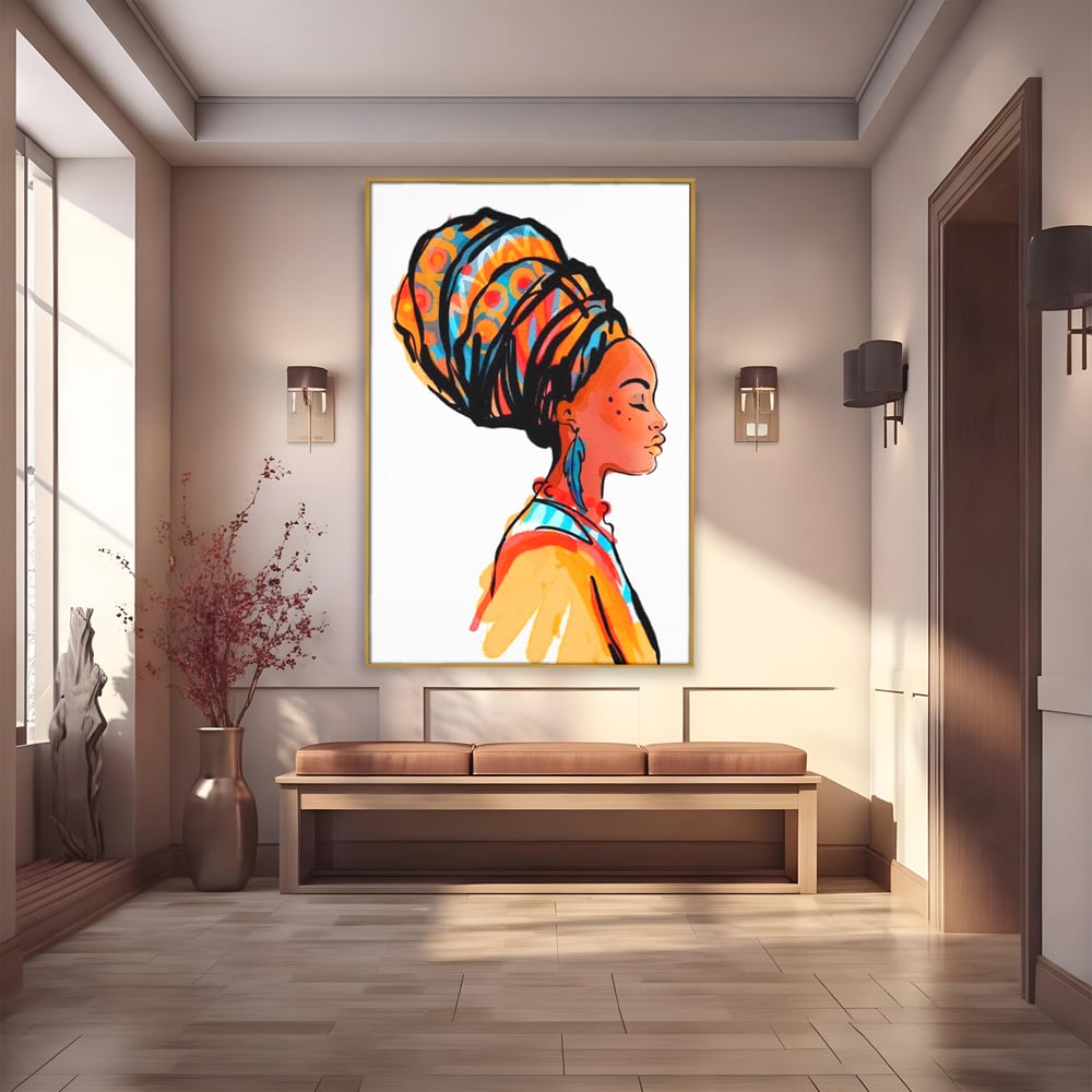 Tablou Canvas Premium, LuxCanva® G1075, Profilul Femeii Africane , Chip, Afro, Turban, Profil, Feminin, Gratie, Regalitate, Africa, Living, Dormitor