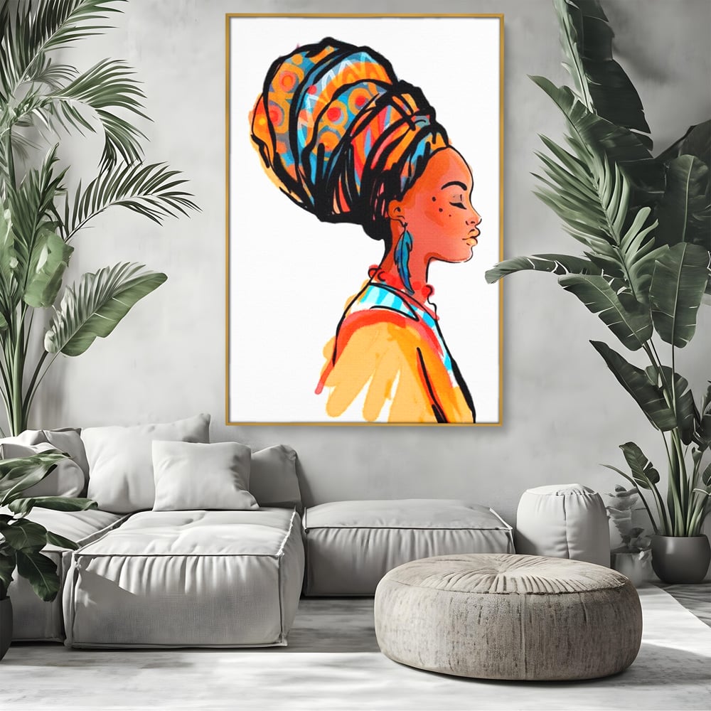 Tablou Canvas Premium, LuxCanva® G1075, Profilul Femeii Africane , Chip, Afro, Turban, Profil, Feminin, Gratie, Regalitate, Africa, Living, Dormitor