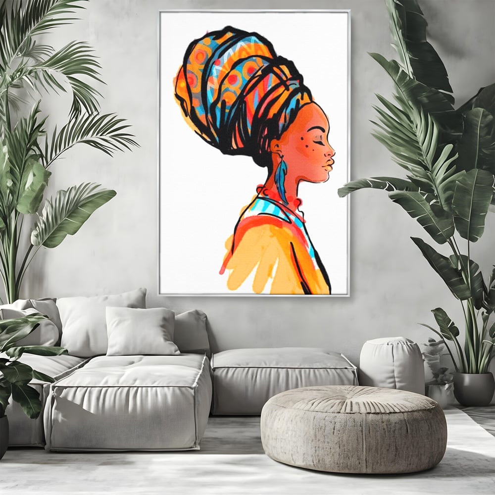 Tablou Canvas Premium, LuxCanva® G1075, Profilul Femeii Africane , Chip, Afro, Turban, Profil, Feminin, Gratie, Regalitate, Africa, Living, Dormitor