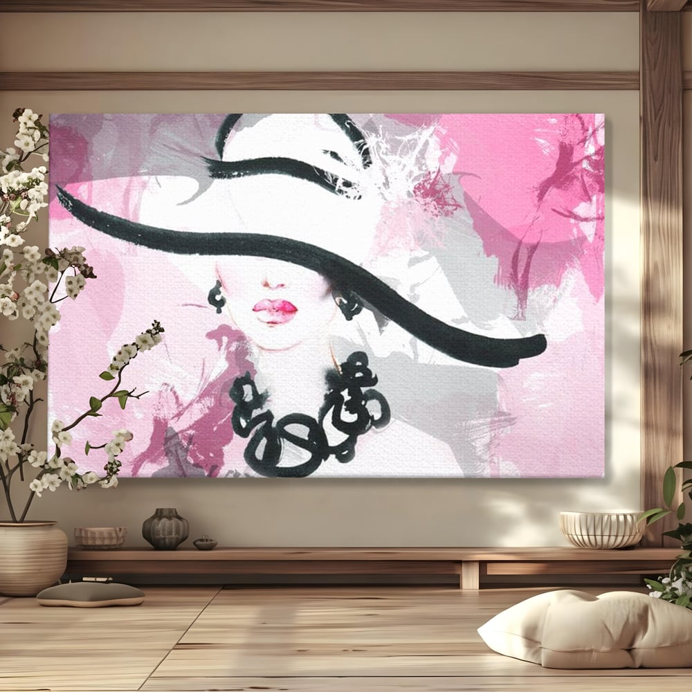 Tablou Canvas Premium, LuxCanva® G1083, Chic si Elegant, Palarie, Accesoriu, Colier, Roz, Sofisticata, Stil, Fashion, Lady, Bijuterie, Living, Dormitor