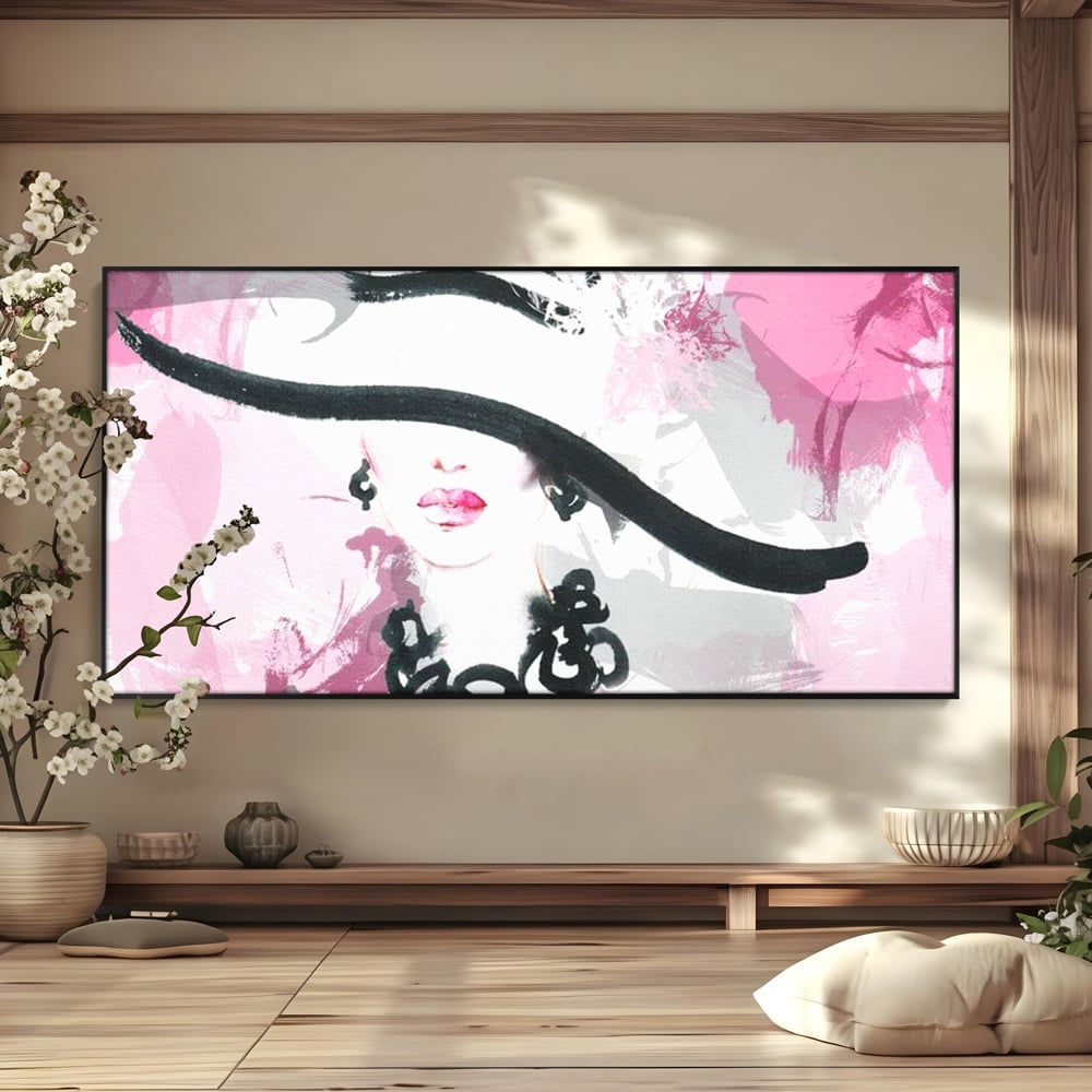 Tablou Canvas Premium, LuxCanva® G1083, Chic si Elegant, Palarie, Accesoriu, Colier, Roz, Sofisticata, Stil, Fashion, Lady, Bijuterie, Living, Dormitor
